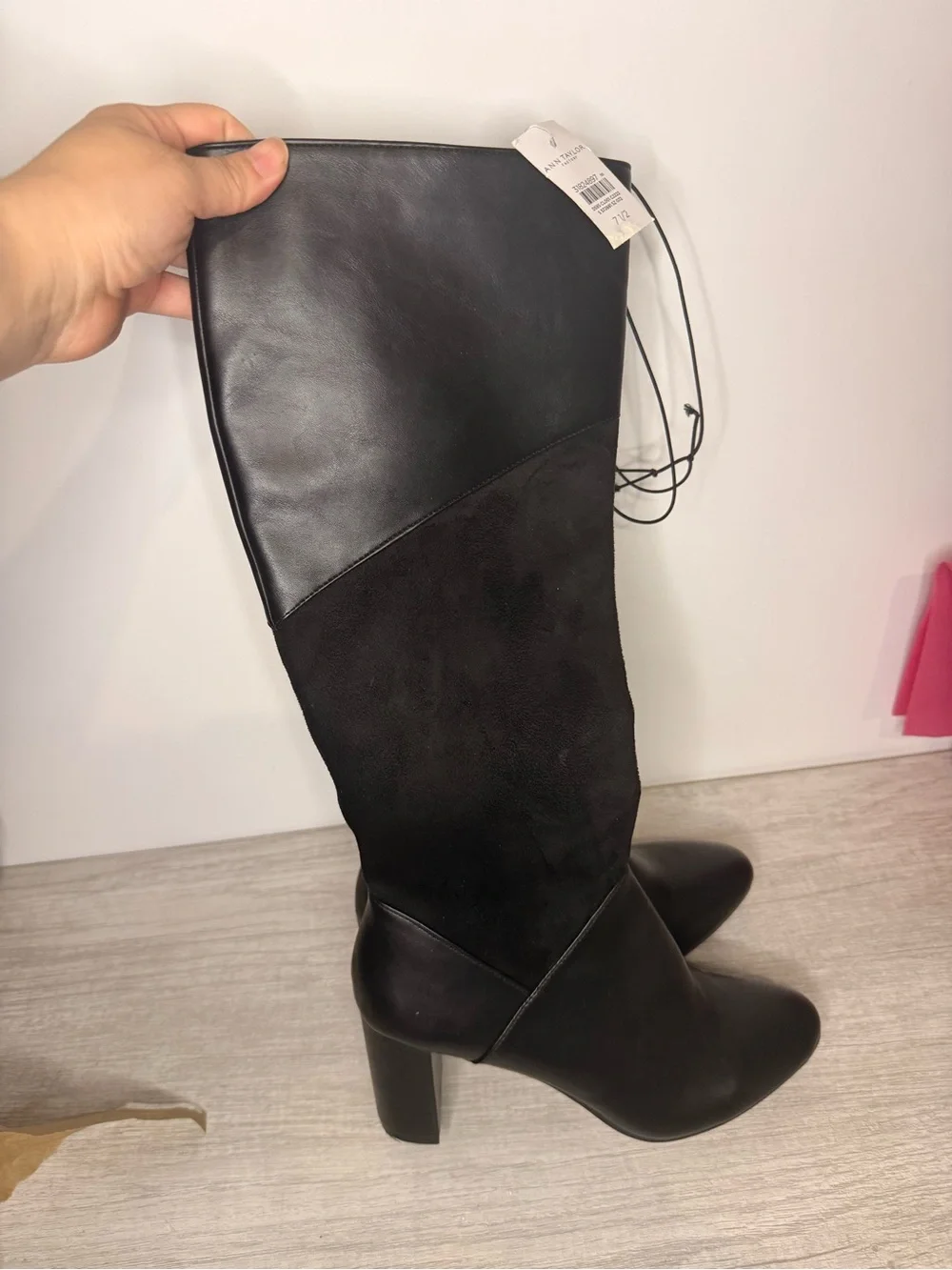 Ann Taylor Factory Mixed Media Tall Block Heel Boots Black 7.5 NWT